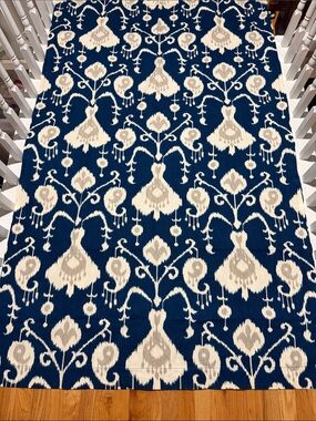 Custom Made Ikat-Style Navy and Cream Pair of Curtain Panels